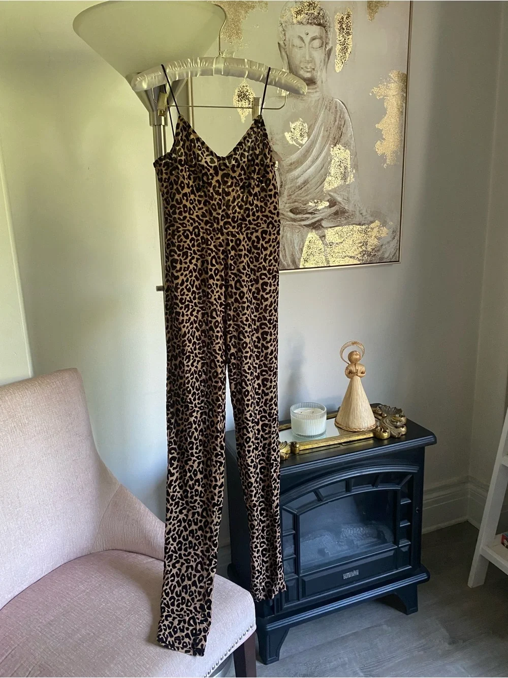 BROWN SHEER LEOPARD VELVET JUMPSUIT